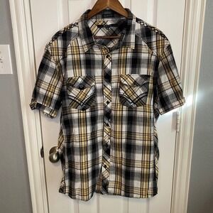 CJ BLACK‎ Button Up Shirt Men's XXL Slim Fit Plaid Short Sleeve Yellow Black